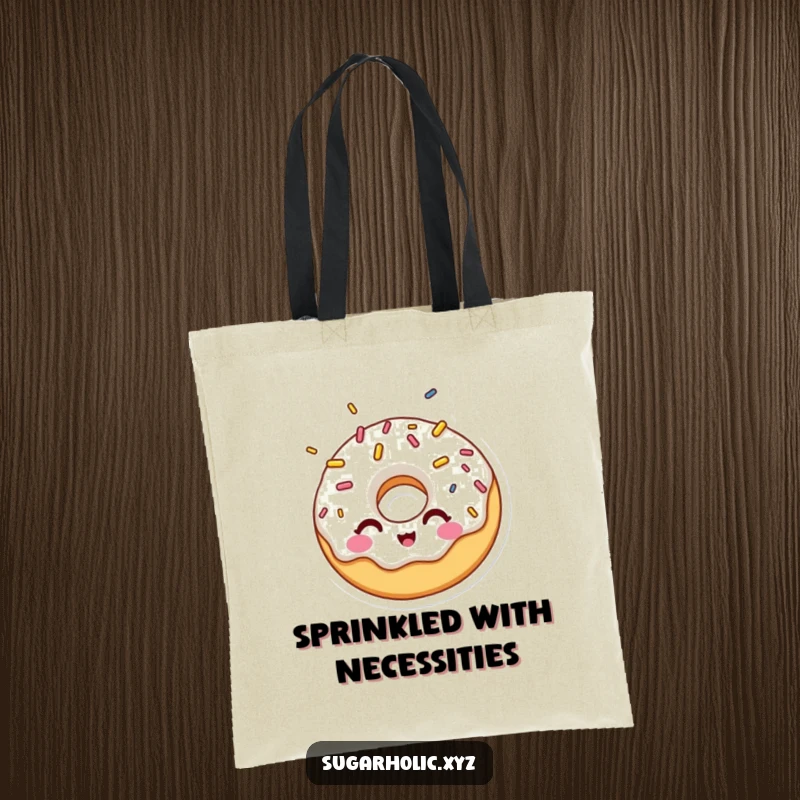 Funny tote bag with a surprised donut character playfully winking while being showered with bright, festive sprinkles.