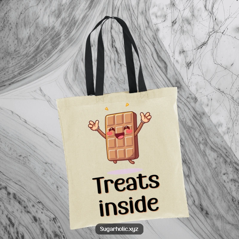 Funny chocolate bar character doing a celebratory jump, depicted on a practical and amusing tote bag.